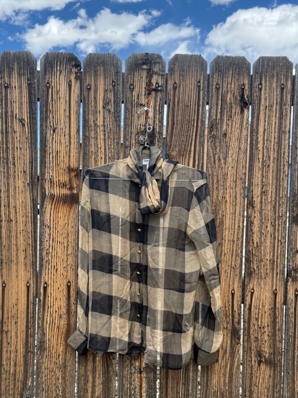 100% Silk Sonya Rykiel Bow Collar Plaid Blouse
